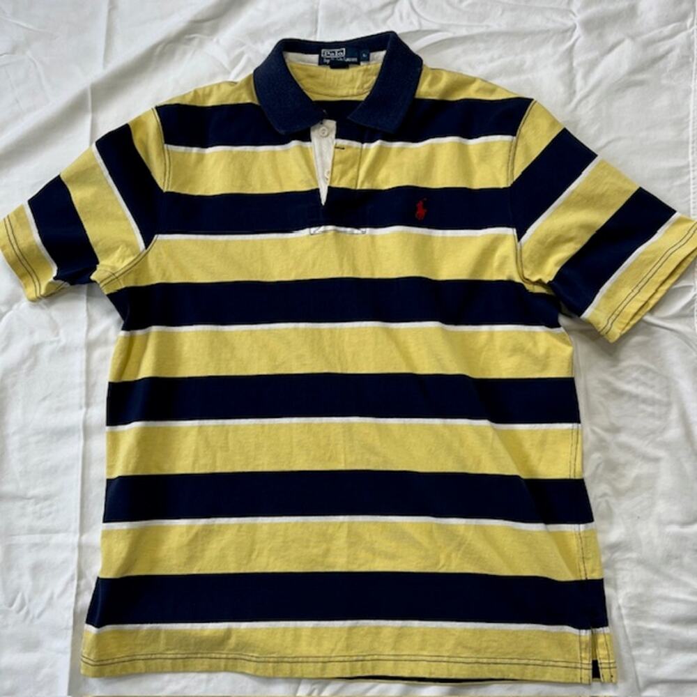 VTG Y2K Polo Ralph Lauren Rugby Short Sleeve Striped Shirt Mens L Yellow Blue